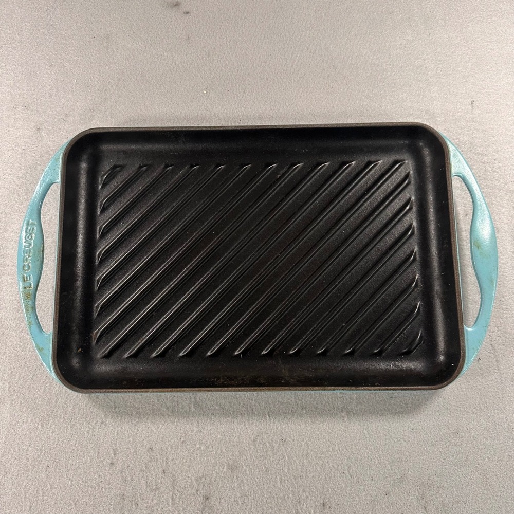 Vintage Le Creuset Enameled Cast Iron Skinny Grill Pan Caribbean Blue 32 France